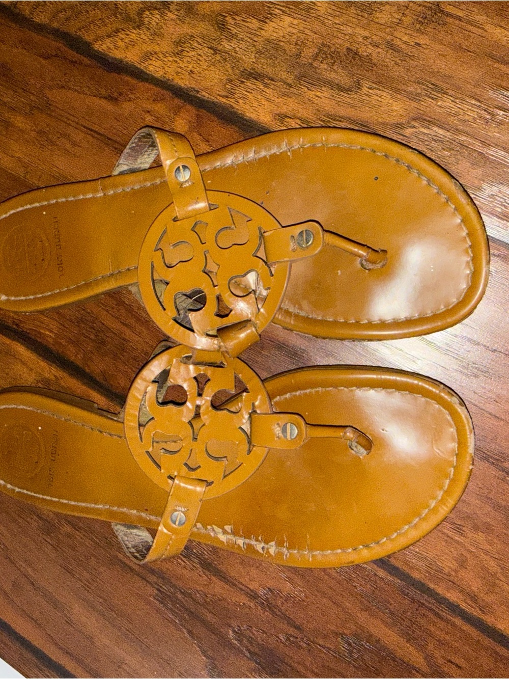 Tory Burch Cognac Leather Cutout Medallion Thong Sandals
